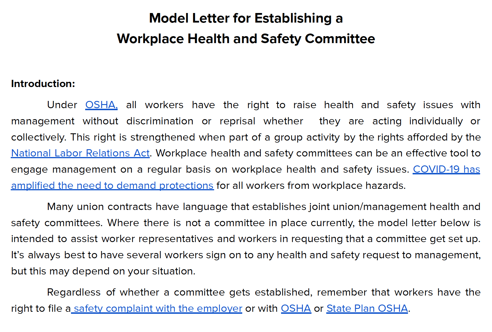 Model Health and Safety Committee Letter National Council for